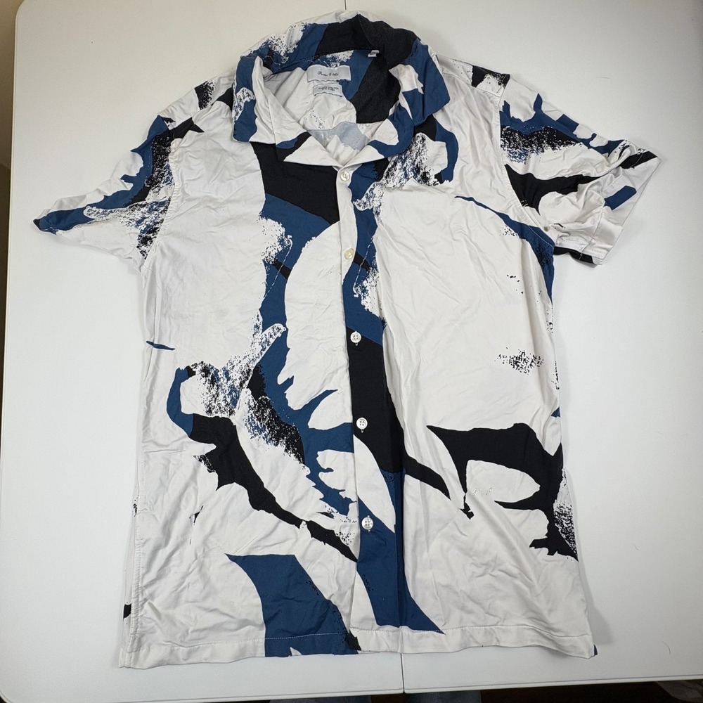 Abstract Print Short Sleeve Button Up Shirt Mens S Blue Black White